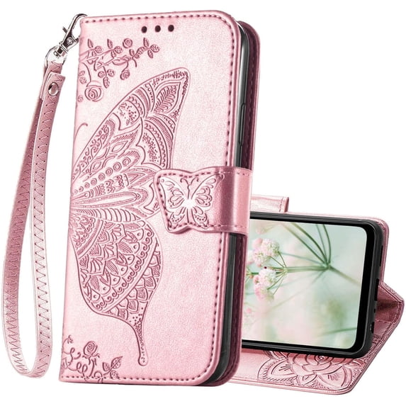 Designed for Moto G 5G 2023 Case Wallet,Women Flip Cover with Butterfly Emboss PU Leather Stand Credit Card Holders Slots Wrist Strap Protective Phone Case for Motorola Moto G 5G 2023 (Rose Gold)