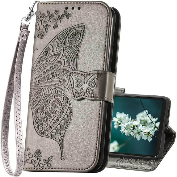 Designed for Moto G 5G 2024 Case Wallet,Women Flip Cover with Butterfly Emboss PU Leather Stand Credit Card Holders Slots Wrist Strap Protective Phone Case for Motorola Moto G 5G 2024 (Gray)