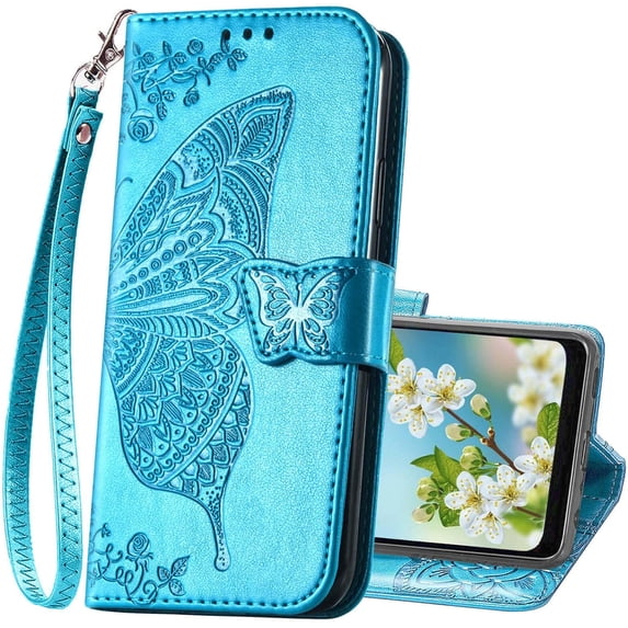 Designed for Moto G Play 2023 Case Wallet,Women Flip Protective Cover with Credit Card Holders Butterfly Embossed PU Leather Kickstand Wrist Strap Phone Case for Motorola Moto G Play 2023 (Blue)