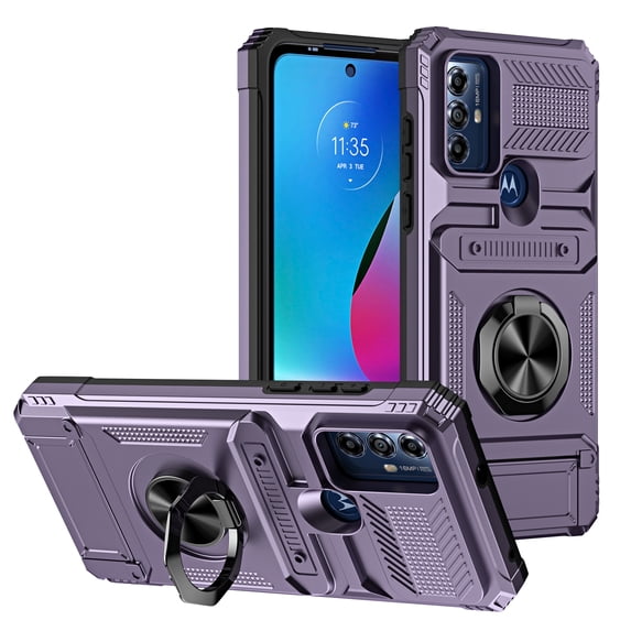Designed for Moto G Power 2022 Card Holder Case with 360°Rotatable Ring Holder Kickstand,2-Layer Heavy Duty Shockproof Rugged Hybrid Hard PC Soft Rubber Case For Motorola Moto G Power 2022,Violet