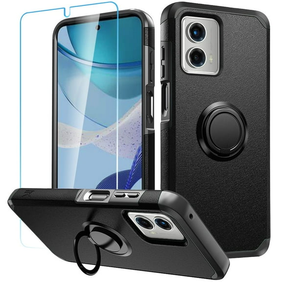 Designed for Motorola Moto G 5G 2023 Kickstand Hybrid with 360° Rotate Ring Stand Magnetic Hard PC TPU Shockproof + Screen Protectror Phone Case Cover [Black]