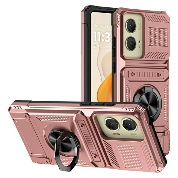Designed for Motorola Moto G 5G 2024 Card Holder Case with 360°Rotatable Ring Holder Kickstand,2-Layer Heavy Duty Shockproof Rugged Hybrid Hard PC Soft Rubber Case, Rosegold