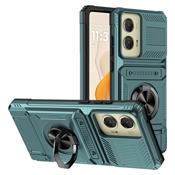 Designed for Motorola Moto G 5G 2024 Card Holder Case with 360°Rotatable Ring Holder Kickstand,2-Layer Heavy Duty Shockproof Rugged Hybrid Hard PC Soft Rubber Case, Green