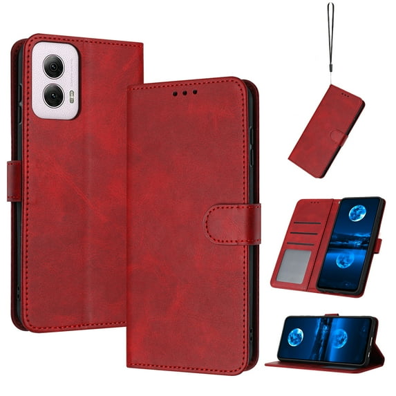 Designed for Motorola Moto G 5G 2024 Case Wallet, Men Women Flip Folio Cover with PU Leather Stand Credit Card Holders Slots Wrist Strap Soft TPU Inner Phone Case for Motorola Moto G 5G 2024, Red