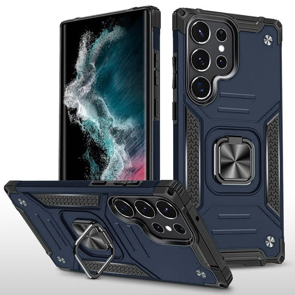 Designed for Motorola Moto G Play 2024 Armor Hybrid with Ring Holder Kickstand Shockproof Heavy-Duty Durable Rugged Dual Layer Phone Case Cover [Blue]