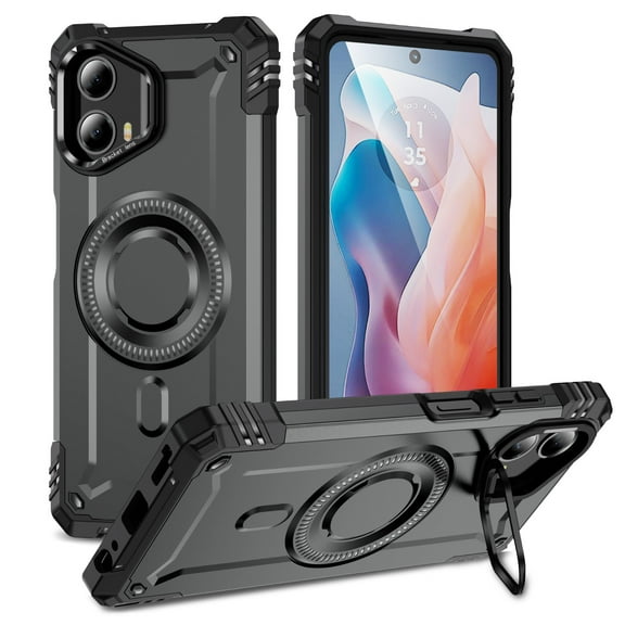 Designed for Motorola Moto G Power 5G 2025 Armor Case with Camera Cover Stand, Shockproof Protection Support Magnetic Wireless Charger Rugged Cover, Support Car Magnetic Holder - Gray