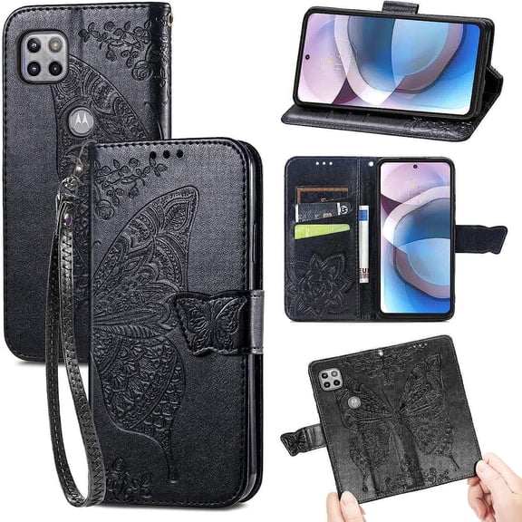 Designed for Motorola One 5G Ace Phone Case,Moto G 5G Wallet Case,Women Butterfly Embossed PU Leather Kickstand Card Holder Slots Wrist Strap Flip Cover for Motorola Moto One 5G Ace 6.7" (Black)