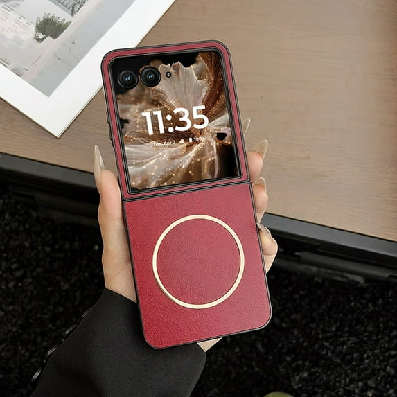 Designed for Motorola Razr+ 2024 Magnetic Phone Case,Compatible with Mag-safe,PU Leather Anti-Scratch Ultra Slim Shockproof Rugged Durable Non-Slip Phone Case Cover,Red
