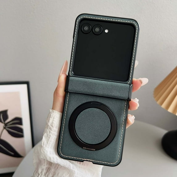 Designed for Motorola Razr+ 2024 PU Leather Phone Case,360°Rotatable Ring Kickstand,With Hinge Protection,Shockproof Anti-fall Durable Rugged Slim Magnetic Phone Case,Green