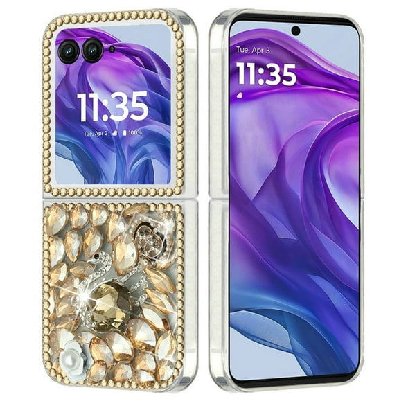 Designed for Motorola Razr+ Plus 2024 Bling Crystal 3D Full Diamonds Luxury Sparkle Rhinestone Ornaments Fashion Hybrid Phone Case Cover - Gold Swan Crown Pearl