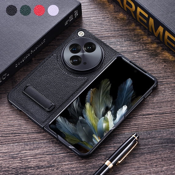 Designed for One Plus Open Case Luxury PU Leather case with Invisible Kickstand - Lychee Texture Slim Lightweight Shockproof Protective Phone Case for One Plus Open/OPPO Find N3, Black