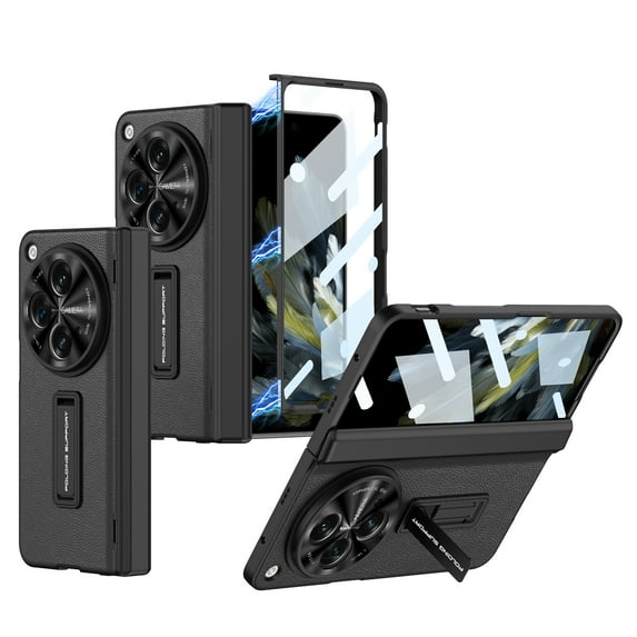 Designed for OnePlus Open Case, Magnetic Folding Vegan PU Leather All-Inclusive Hinge Protection Kickstand with Built-in Screen Protector Rugged Hard PC Shockproof Protective Case Cover, Black