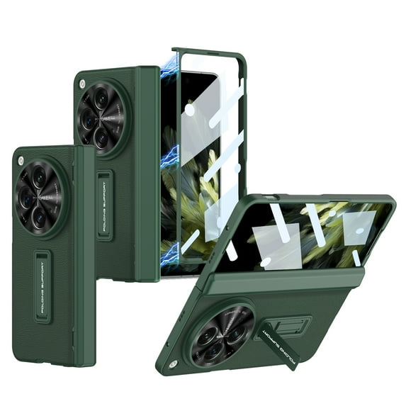 Designed for OnePlus Open Case, Magnetic Folding Vegan PU Leather All-Inclusive Hinge Protection Kickstand with Built-in Screen Protector Rugged Hard PC Shockproof Protective Case Cover, Darkgreen