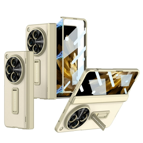 Designed for OnePlus Open Case, Magnetic Folding Vegan PU Leather All-Inclusive Hinge Protection Kickstand with Built-in Screen Protector Rugged Hard PC Shockproof Protective Case Cover, Gold