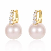 Big Pearl Hoop Earrings for Women Trendy, Cubic Zirconia White Pearl Drop Earrings, 18K Gold Plated Shell Pearl Dangle CZ Earring Jewelry for Birthday Anniversary,12mm