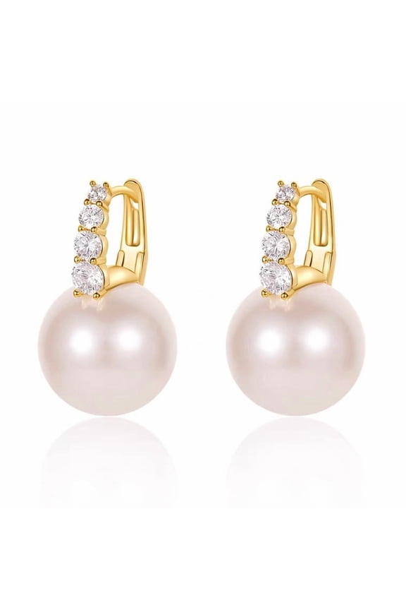 Big Pearl Hoop Earrings for Women Trendy, Cubic Zirconia White Pearl Drop Earrings, 18K Gold Plated Shell Pearl Dangle CZ Earring Jewelry for Birthday Anniversary,12mm