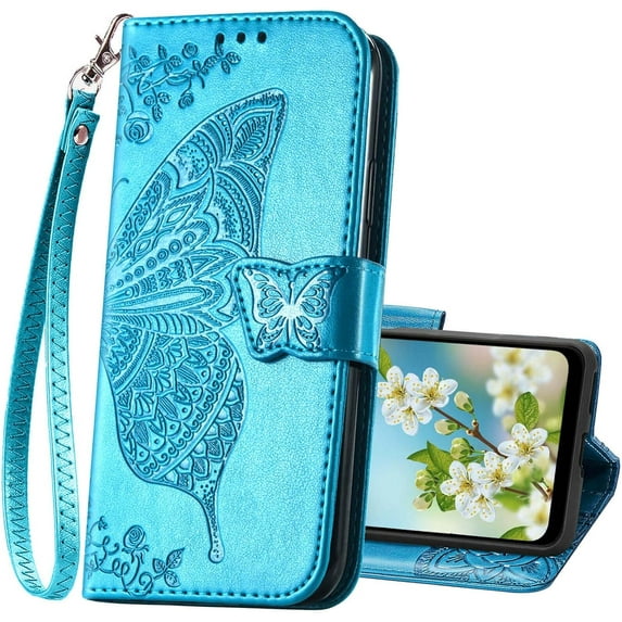 Designed for Samsung Galaxy A03S Phone Case Wallet,Butterfly Embossed PU Leather Flip Folio Cover Credit Card Holder Slots Stand with Wrist Strap Phone Case Wallet for Samsung Galaxy A03S (Blue)