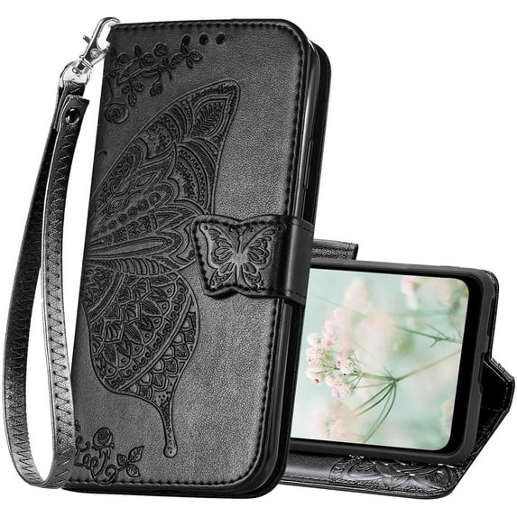 Designed for Samsung Galaxy A03S Phone Case Wallet,Butterfly Embossed PU Leather Flip Folio Cover Credit Card Holder Slots Stand with Wrist Strap Phone Case Wallet for Samsung Galaxy A03S (Black)