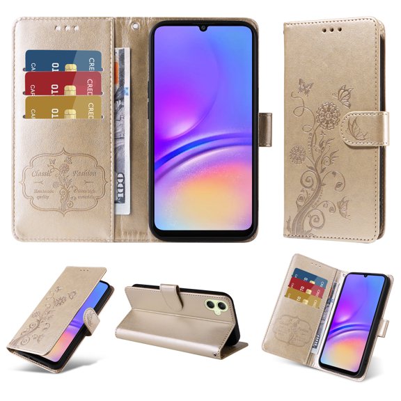 Designed for Samsung Galaxy A05 Case Wallet, Women Flip Folio Cover with Flower Bufferflies Embossed PU Leather Stand Credit Card Holders Slots Wrist Strap for Samsung Galaxy A05 - Gold