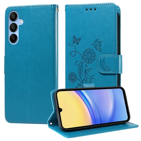 Designed for Samsung Galaxy A05S Case Wallet,Women Flip Folio Cover with Butterfly & Flower Embossed PU Leather Stand Credit Card Holders Slots Wrist Strap Shockproof Phone Case,Blue
