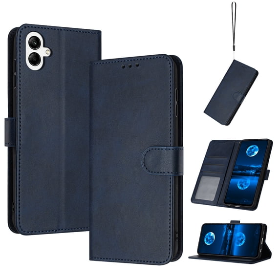 Designed for Samsung Galaxy A06 Case Wallet, Men Women Flip Folio Cover with PU Leather Stand Credit Card Holders Slots Wrist Strap Soft TPU Inner Phone Case for Galaxy A06, Darkblue