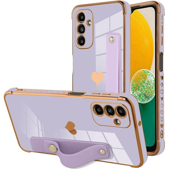Designed for Samsung Galaxy A13 5G Case with Strap Luxury Love Heart Plating Gold Bumper Phone Cover Wristband Kickstand Full Body Protective Slim Case for Women - Purple