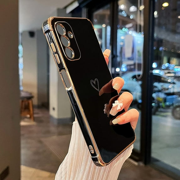 Designed for Samsung Galaxy A13 5G/Galaxy A04S Case,Cute Plating Edge Love Hearts Pattern with Camera Lens Protection Phone Cover for Girls Women,Black