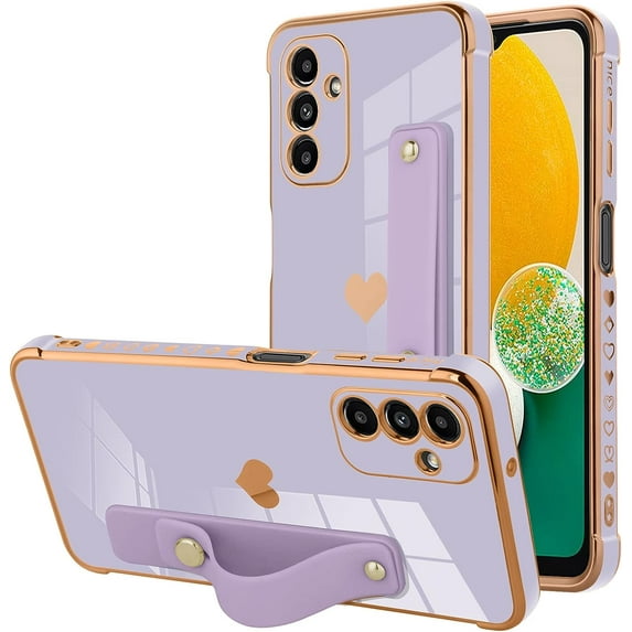 Designed for Samsung Galaxy A14 5G Case with Strap Luxury Love Heart Plating Gold Bumper Phone Cover Wristband Kickstand Full Body Protective Slim Case for Women-Purple