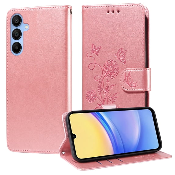 Designed for Samsung Galaxy A14 5G Case Wallet,Women Flip Folio Cover with Butterfly & Flower Embossed PU Leather Stand Credit Card Holders Slots Wrist Strap Shockproof Phone Case,Pink