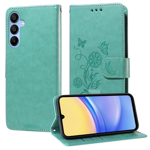 Designed for Samsung Galaxy A14 5G Case Wallet,Women Flip Folio Cover with Butterfly & Flower Embossed PU Leather Stand Credit Card Holders Slots Wrist Strap Shockproof Phone Case,Green