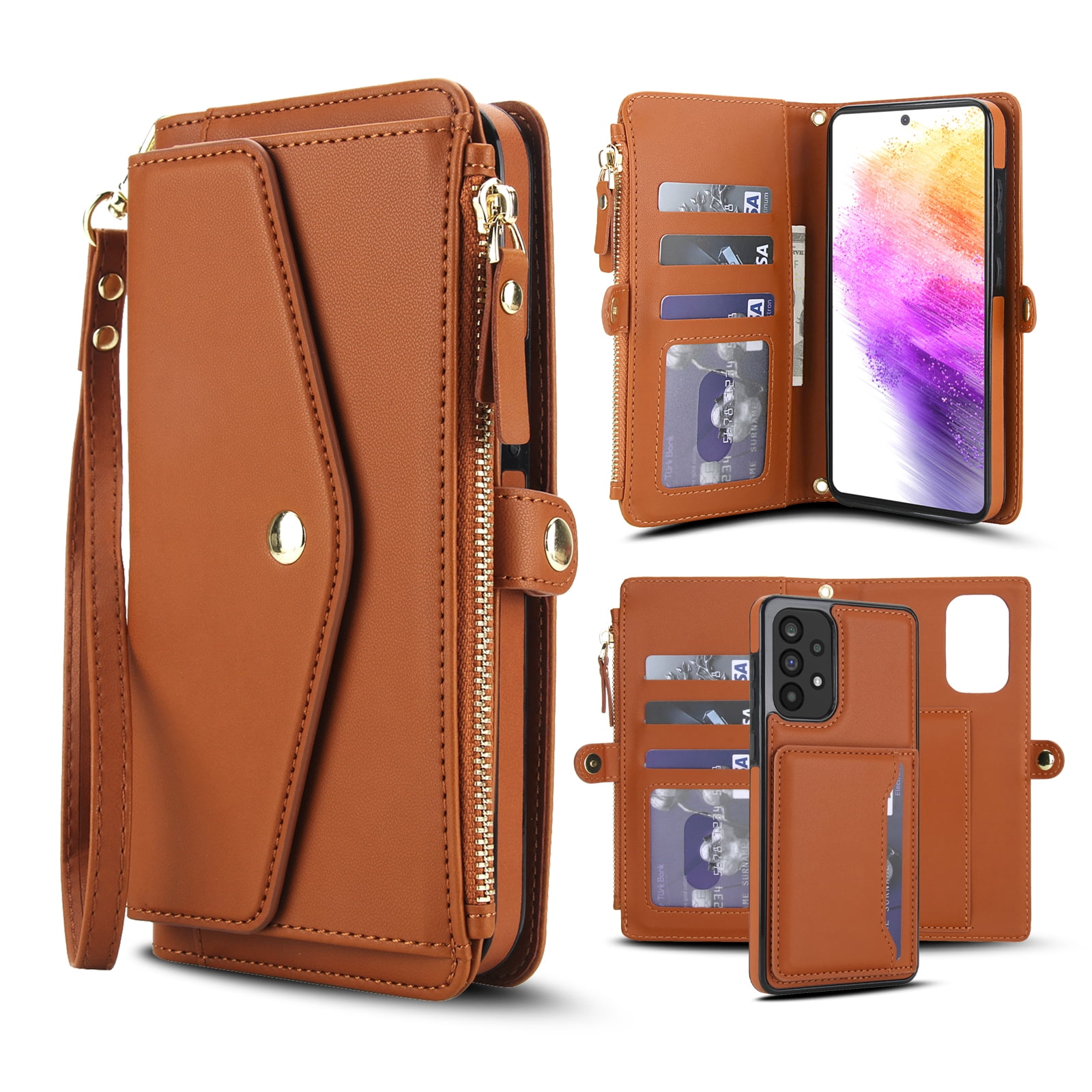 Designed for Samsung Galaxy A14 5G Multi-Function Wallet Phone Case,With Shoulder Strap&Wrist Strap,Cash Pocket&Card Slots,Zipper Purse,Magnetic Detachable PU Leather Flip Phone Case,Brown