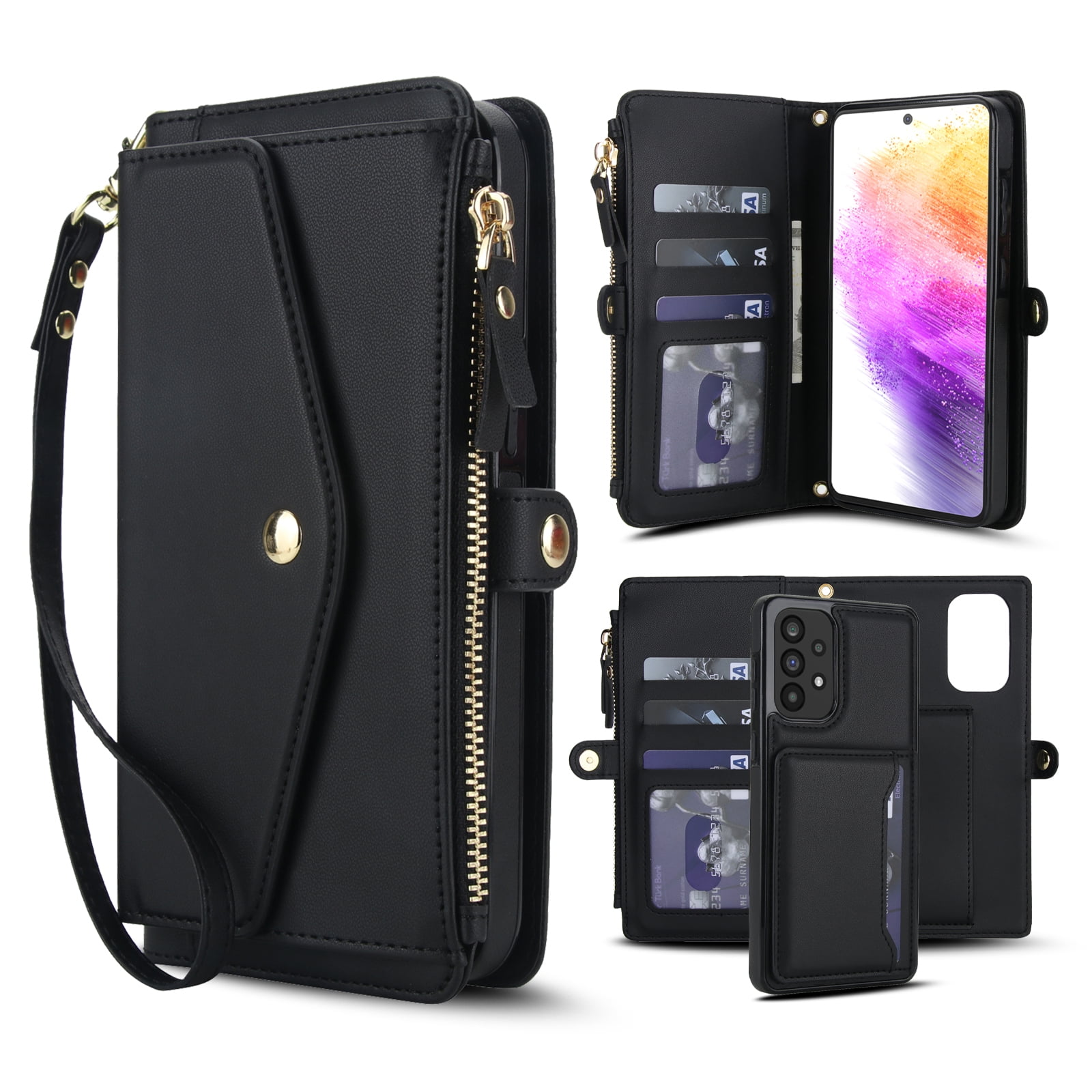 Designed for Samsung Galaxy A14 5G Multi-Function Wallet Phone Case,With Shoulder Strap&Wrist Strap,Cash Pocket&Card Slots,Zipper Purse,Magnetic Detachable PU Leather Flip Phone Case,Black