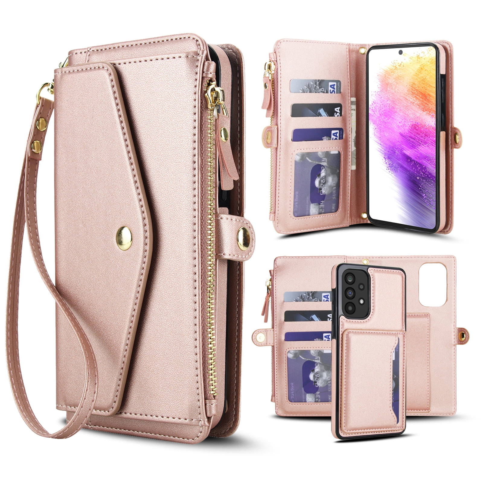 Designed for Samsung Galaxy A14 5G Multi-Function Wallet Phone Case,With Shoulder Strap&Wrist Strap,Cash Pocket&Card Slots,Zipper Purse,Magnetic Detachable PU Leather Flip Phone Case,Rosegold