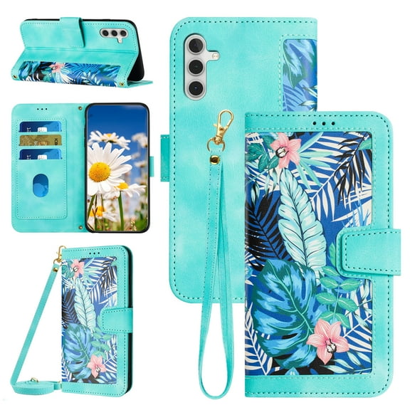 Designed for Samsung Galaxy A14 5G Wallet Case Cute for Women, Premium PU Leather Flip Kickstand Cover with Card Holder [Long Crossbody Strap + Short Wrist Lanyard] Magnetic Closure Case,Green