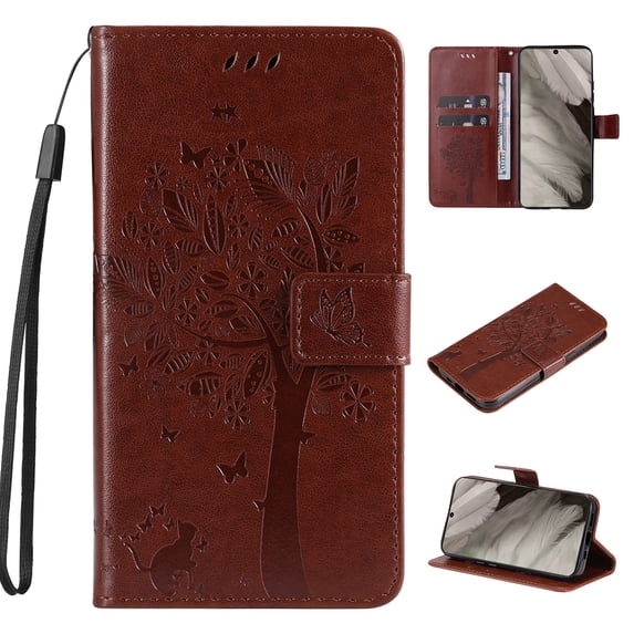 Designed for Samsung Galaxy A15 Case Wallet for Women, Flip Folio Cover with Embossed PU Leather Kickstand Credit Card Holder Magnetic Wrist Strap Protective Case for A15, Brown