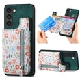 thumbnail image 1 of Designed for Samsung Galaxy A15, PU Leather Floral Pattern Card Slots Back Case, Zipper Storage Design Kickstand RFID Blocking Material Built-in Magnetic Car Mount Function Phone Cover, Green, 1 of 9