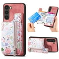 thumbnail image 1 of Designed for Samsung Galaxy A15, PU Leather Floral Pattern Card Slots Back Case, Zipper Storage Design Kickstand RFID Blocking Material Built-in Magnetic Car Mount Function Phone Cover, Pink, 1 of 9