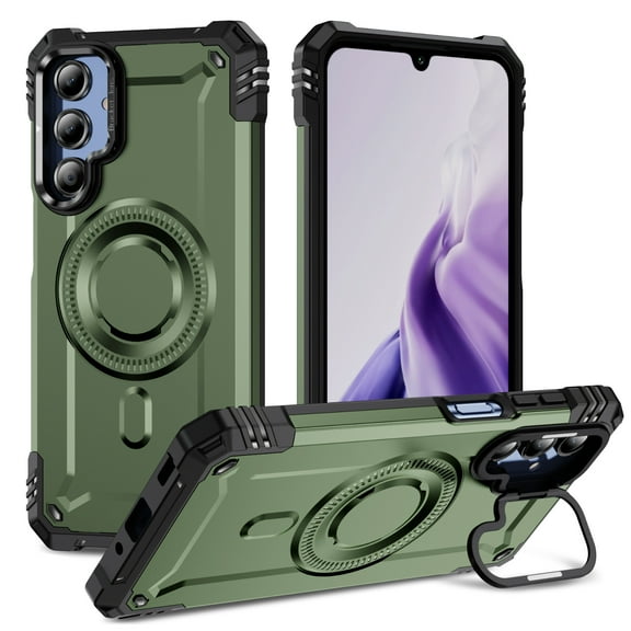 Designed for Samsung Galaxy A16 5G/4G Armor Case with Camera Cover Stand, Shockproof Protection, Support Magnetic Wireless Charger Rugged Cover for A16 5G/4G, Support Car Magnetic Holder - Armygreen