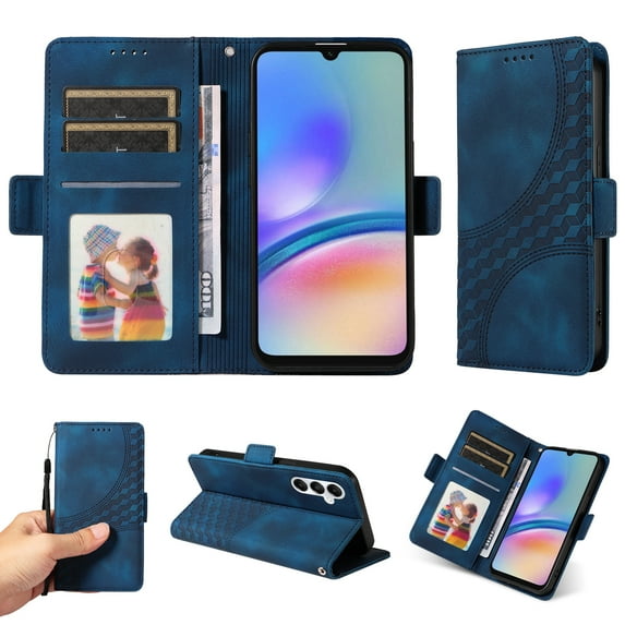 Designed for Samsung Galaxy A16 5G/4G Case Wallet, Flip Folio Cover with Embossed PU Leather Stand Credit Card Holders Slots Wrist Strap Full Body Protection Phone Case for A16 5G/4G - Blue