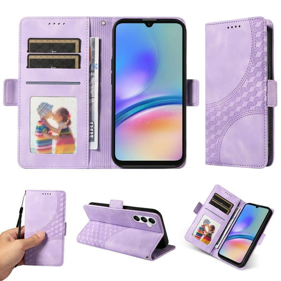 Designed for Samsung Galaxy A16 5G/4G Case Wallet, Flip Folio Cover with Embossed PU Leather Stand Credit Card Holders Slots Wrist Strap Full Body Protection Phone Case for A16 5G/4G - Purple