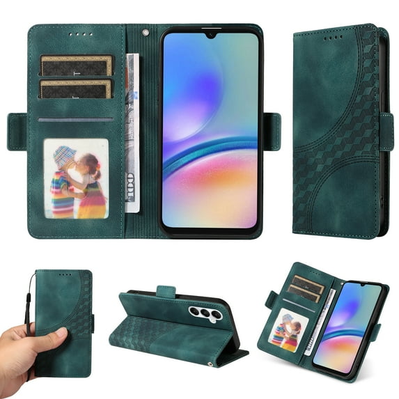 Designed for Samsung Galaxy A16 5G/4G Case Wallet, Flip Folio Cover with Embossed PU Leather Stand Credit Card Holders Slots Wrist Strap Full Body Protection Phone Case for A16 5G/4G - Green