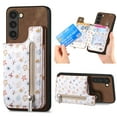 thumbnail image 1 of Designed for Samsung Galaxy A16 5G/4G, PU Leather Floral Pattern Card Slots Back Case, Zipper Storage Design Kickstand RFID Blocking Material Built-in Magnetic Car Mount Function Phone Cover, Brown, 1 of 9