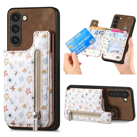 Designed for Samsung Galaxy A16 5G/4G, PU Leather Floral Pattern Card Slots Back Case, Zipper Storage Design Kickstand RFID Blocking Material Built-in Magnetic Car Mount Function Phone Cover, Brown