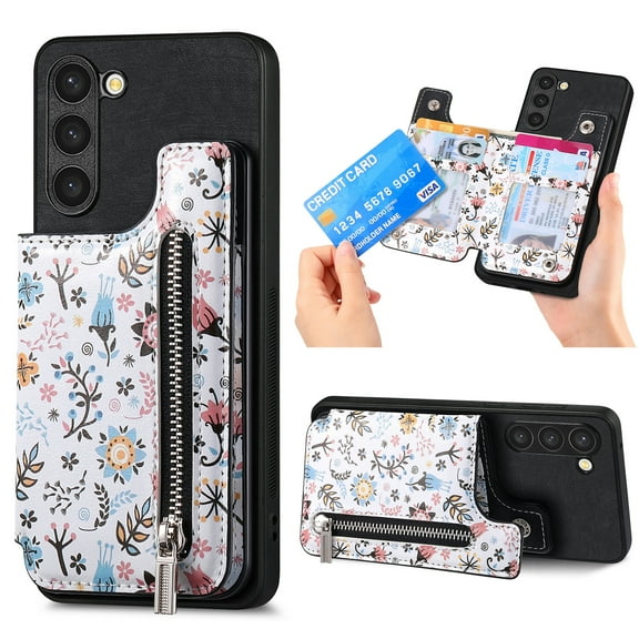 Designed for Samsung Galaxy A16 5G/4G, PU Leather Floral Pattern Card Slots Back Case, Zipper Storage Design Kickstand RFID Blocking Material Built-in Magnetic Car Mount Function Phone Cover, Black