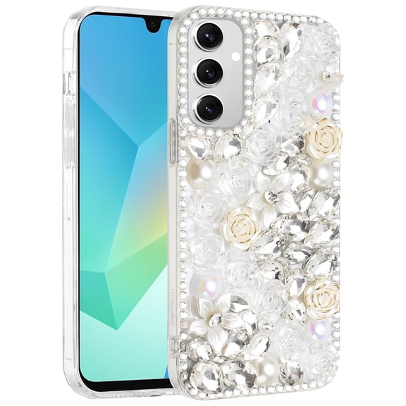 Designed for Samsung Galaxy A16 5G Fashion Rose Flower Floral Bling Crystal 3D Full Diamonds Pearl Sparkle Rhinestone Glitter Hybrid Phone Case Cover - Clear