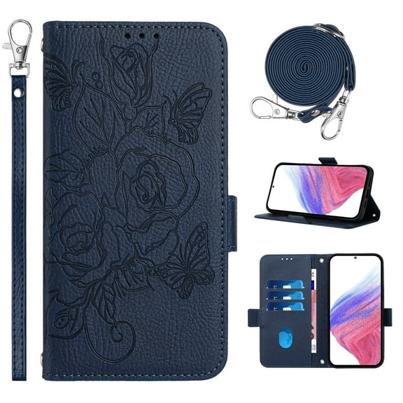Designed for Samsung Galaxy A17 5G Case Wallet, Women Flip Folio Cover with Embossed PU Leather Stand Credit Card Holders Slots Wrist Strap + Shoulder Strap Phone Case, RFID Blocking, Darkblue