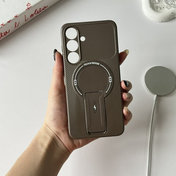 Designed for Samsung Galaxy A17 5G Magnetic Phone Case,Compatible with Mag-Safe,With Invisible Kickstand,Fiber Pattern Back,Anti-Scratch PC+TPU Shockproof Rugged Thin Fit Phone Case,Brown