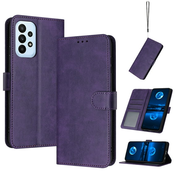 Designed for Samsung Galaxy A23 5G Case Wallet, Men Women Flip Folio Cover with PU Leather Stand Credit Card Holders Slots Wrist Strap Soft TPU Inner Phone Case for Samsung Galaxy A23 5G, Purple
