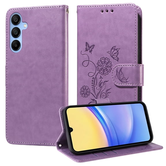 Designed for Samsung Galaxy A24 4G Case Wallet,Women Flip Folio Cover with Butterfly & Flower Embossed PU Leather Stand Credit Card Holders Slots Wrist Strap Shockproof Phone Case,Purple