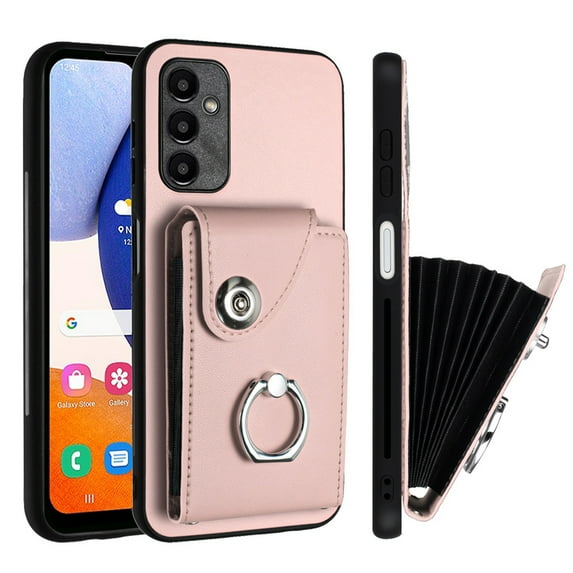 Designed for Samsung Galaxy A25 5G Case Wallet Credit Card Holder with Rotation Finger Ring Kickstand, Hidden Pocket Anti-Scratch PU Leather Shockproof Protective Cover for Galaxy A25 5G, Pink